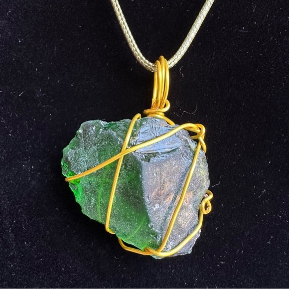 Handmade Jewelry - Pendant Green beach glass and Gold tone wire wrapping sea glass Necklace 5544 y